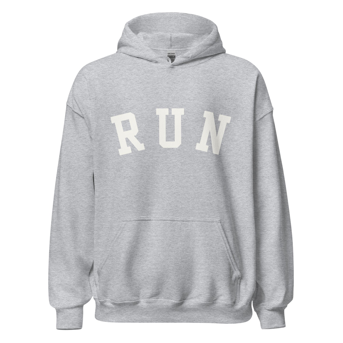 light grey unisex hoodie with the word run across the chest in a white bold varsity style font