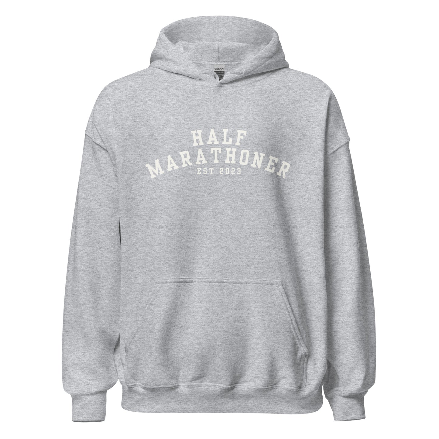 light grey hoodie with the words half marathoner est 2023 across the chest in a white font
