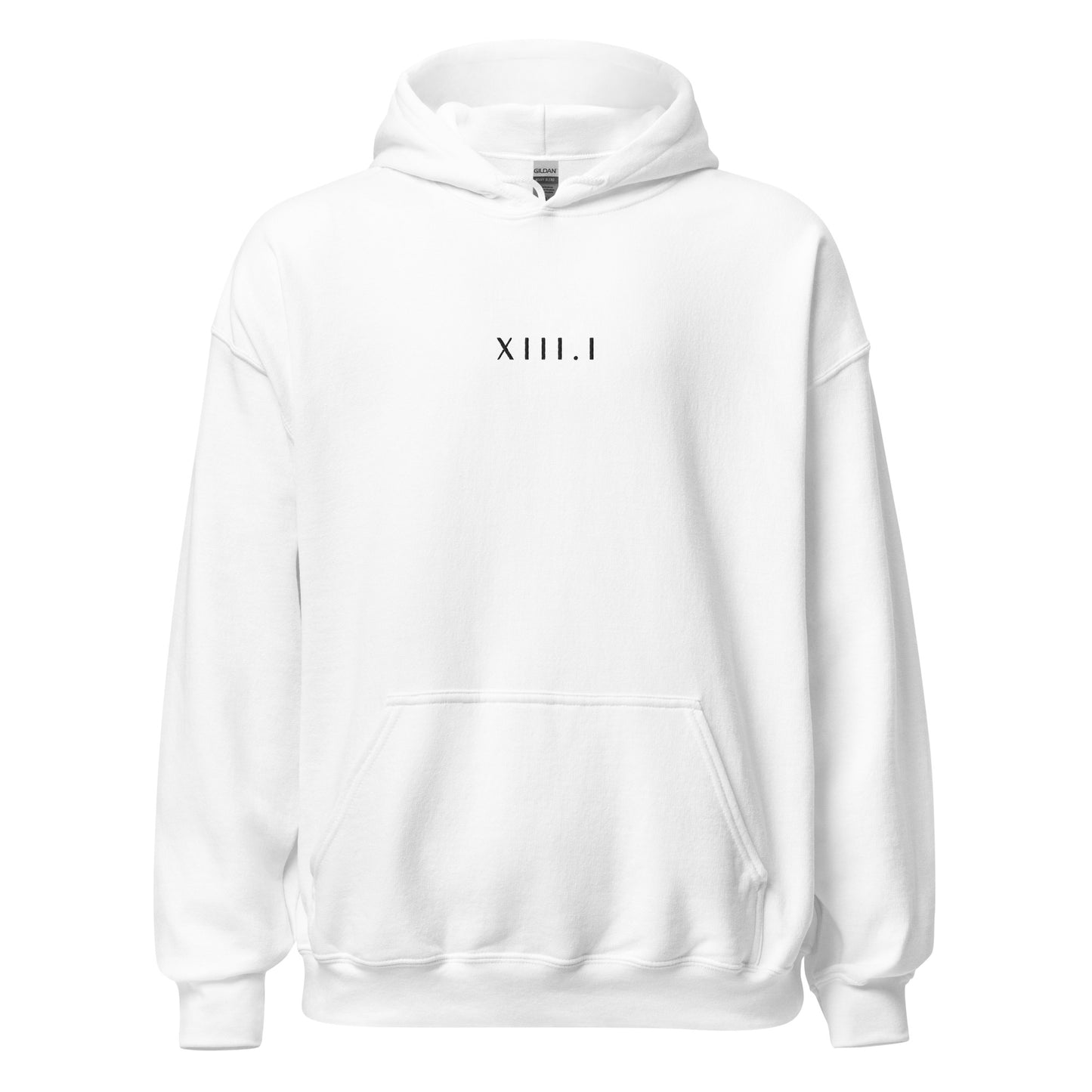 white unisex hoodie with XIII.I 13.1 half marathon in roman numerals embroidered in black writing