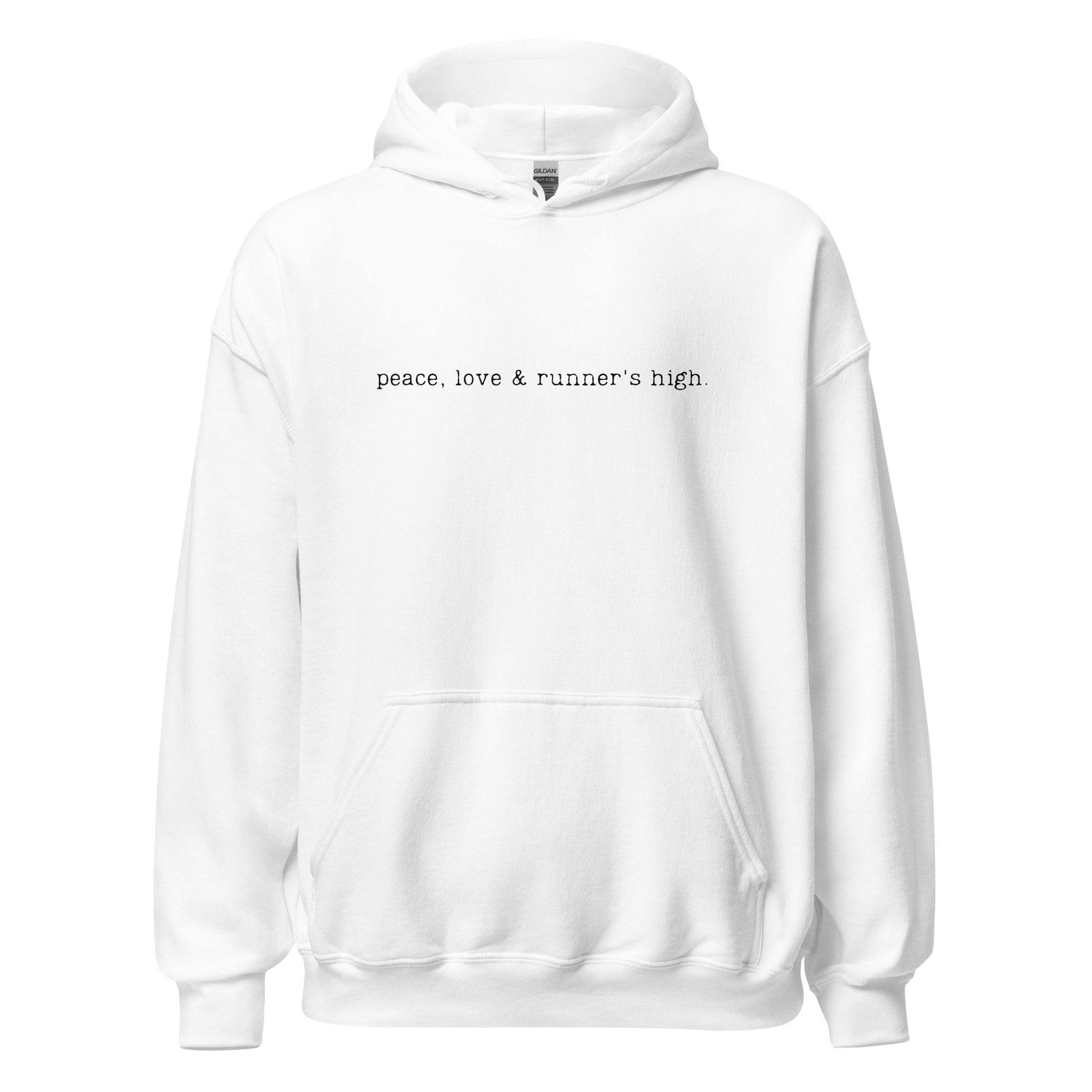 white hoodie with the words peace, love and runners high across the chest
