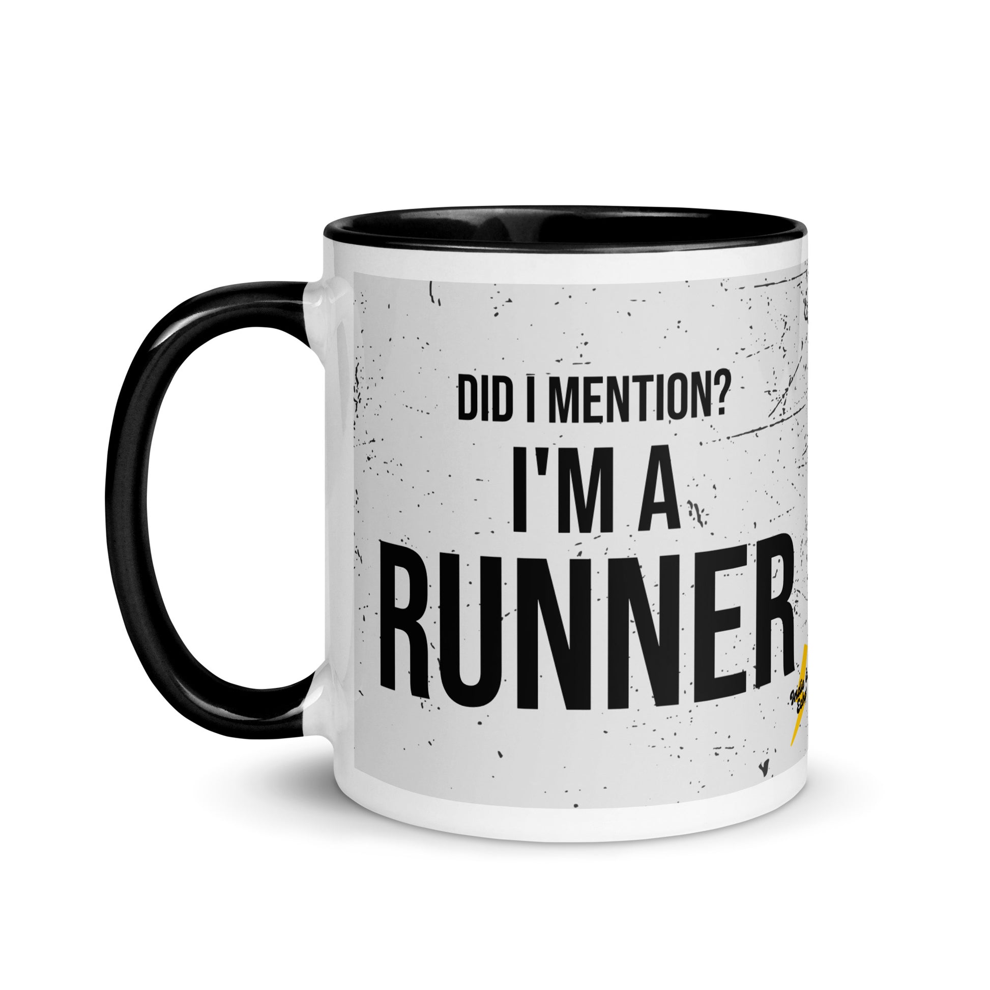 Mug with black handle and a grey splatter print design with the phrase did I mention? I'm a runner across the front. A nice gift for a running friend. 