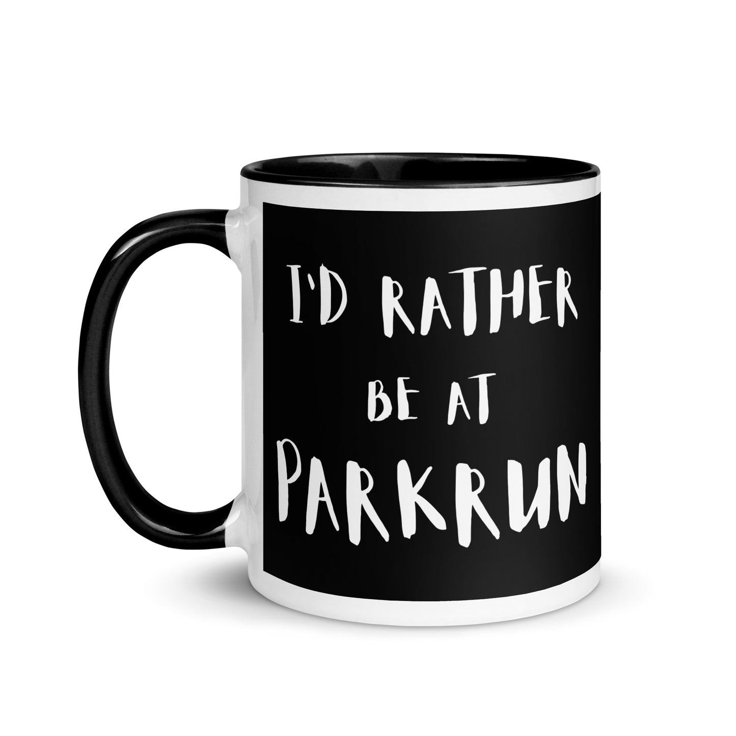 black mug with I'd rather be at parkrun in a white font. the perfect gift for a runner