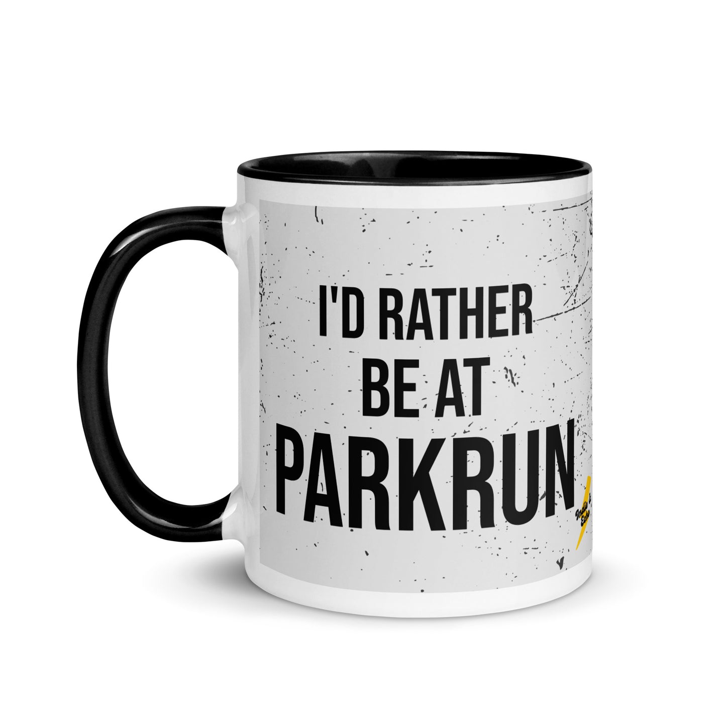 black handled mug with a grey splatter design and the phrase I'd rather be at parkrun in a black font. the perfect gift for a runner