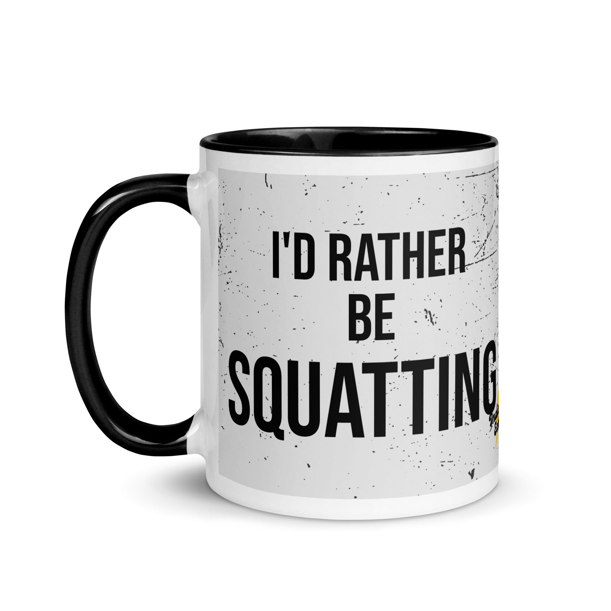 Black handled mug with I'd rather be squatting written on it, across a grey splatter background. A gift for someone who loves the gym.