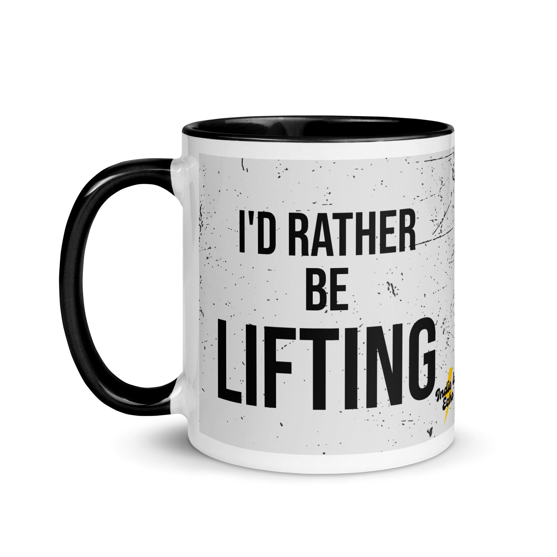 Black handled mug with I'd rather be lifting written on it, across a grey splatter background. A gift for someone who loves the gym.