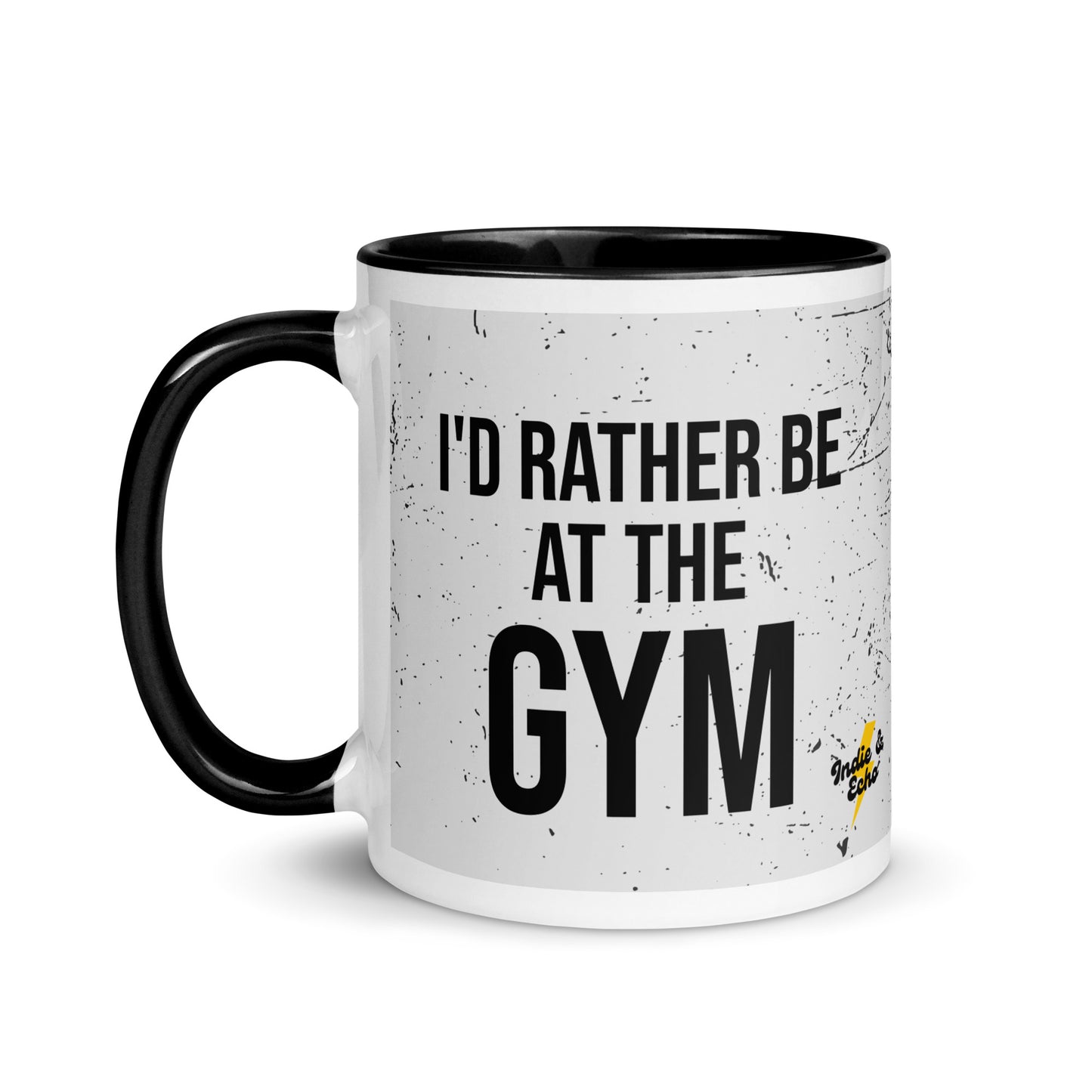 Black handled mug with I'd rather be at the gym written on it, across a grey splatter background. A gift for someone who loves the gym.
