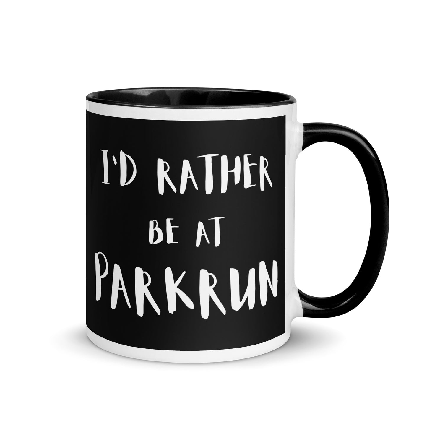 black mug with I'd rather be at parkrun in a white font. the perfect gift for a runner