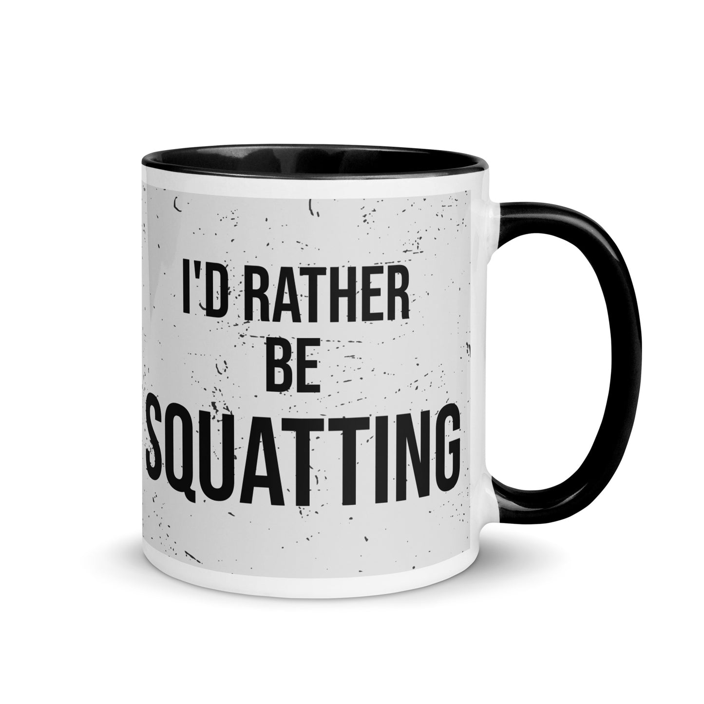 Black handled mug with I'd rather be squatting written on it, across a grey splatter background. A gift for someone who loves the gym.