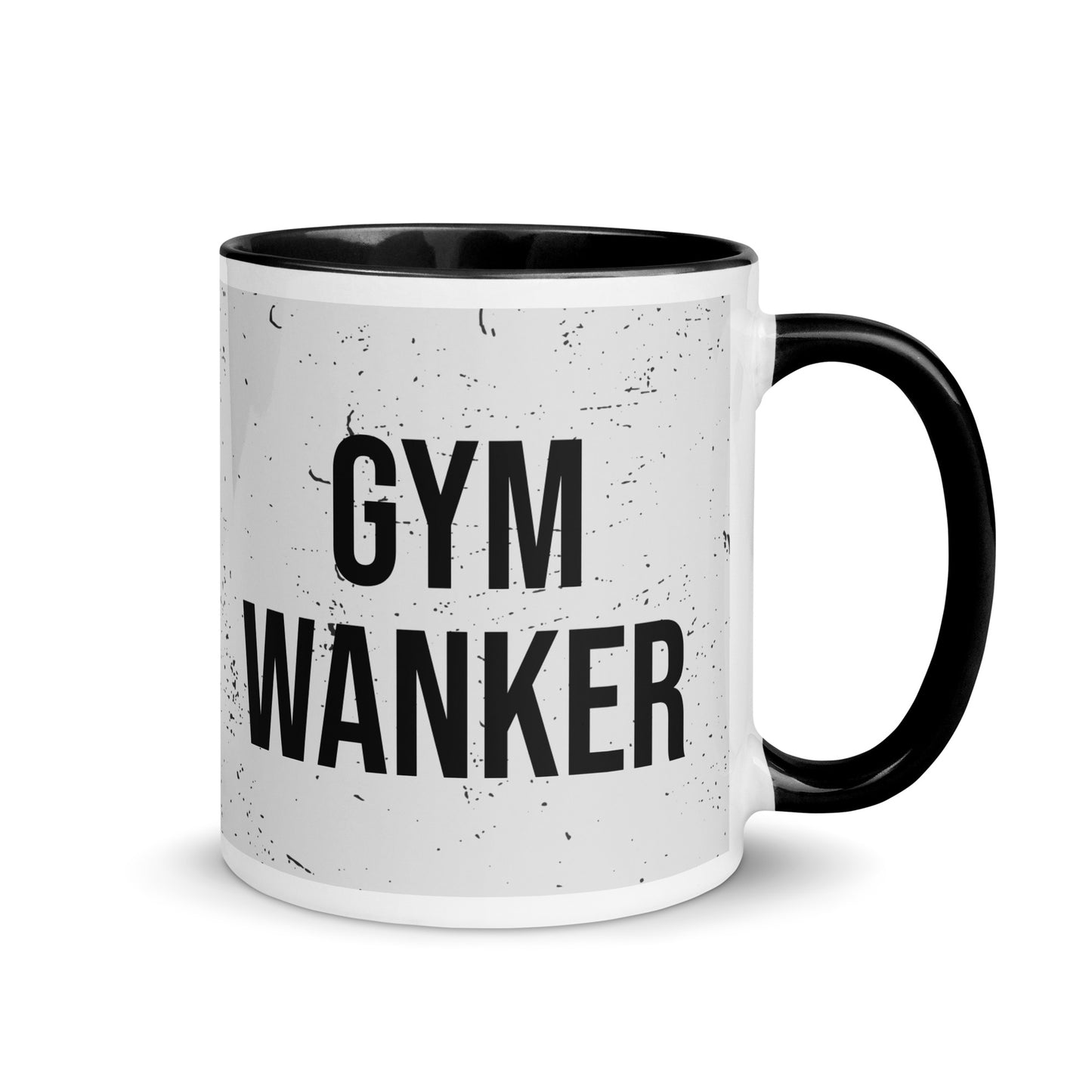 Black handled mug with gym wanker written on it, across a grey splatter background. A gift for someone who loves the gym.
