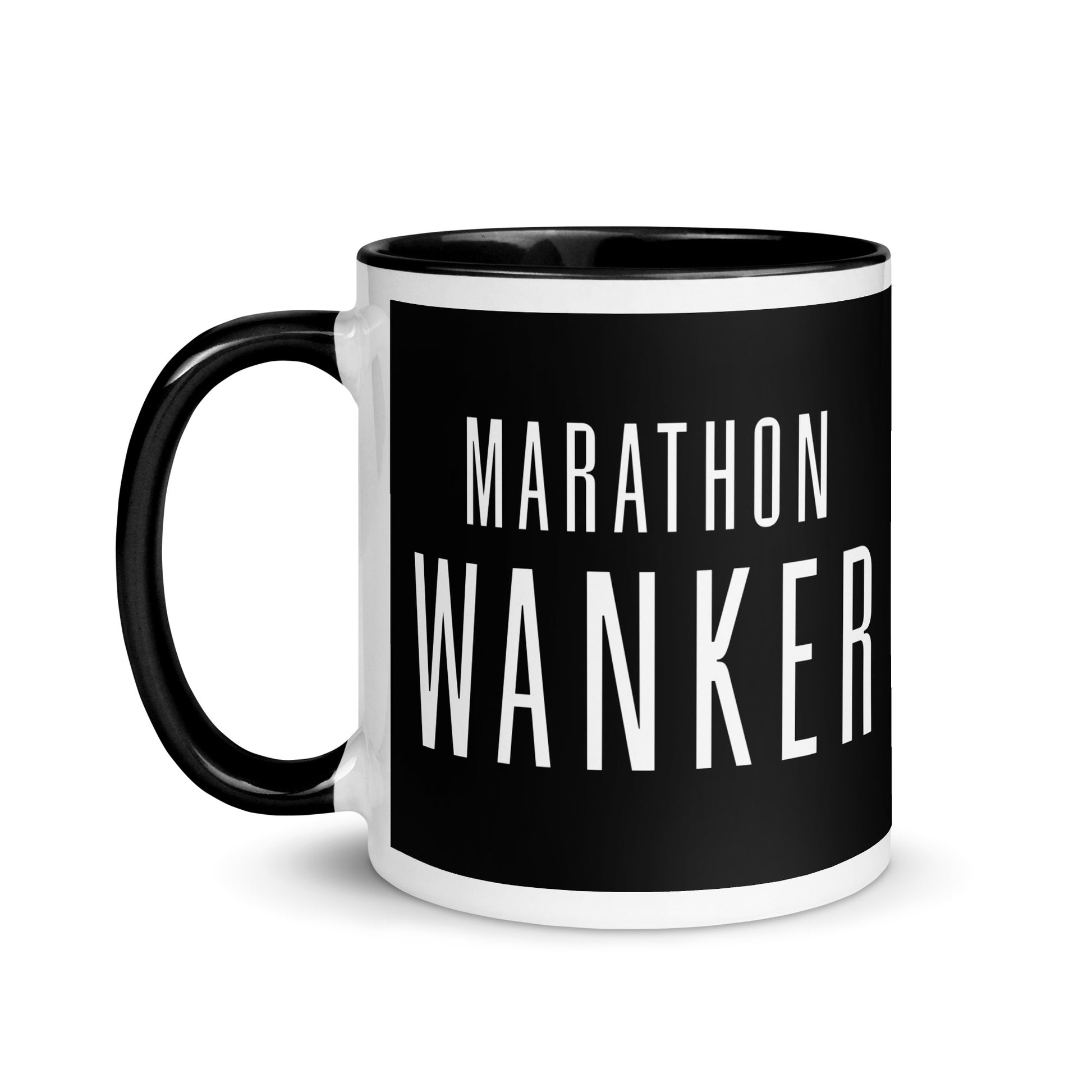 white and black mug with the words marathon wanker in a bold, white font on a black background. the mug has a black handle and inside