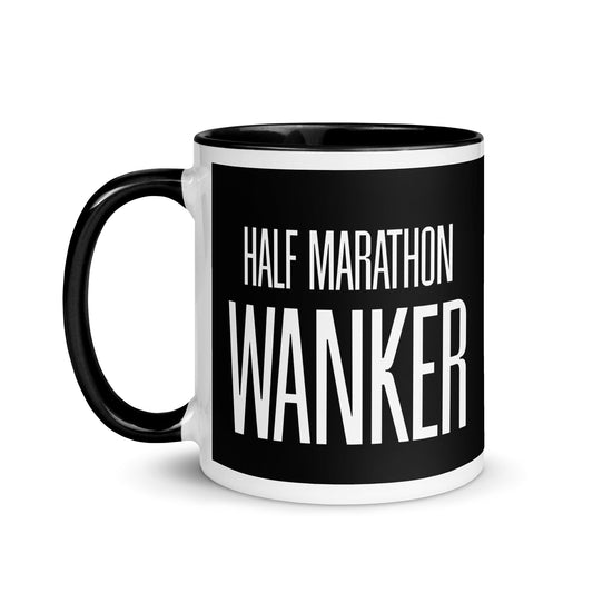 black mug with the words half marathon wanker in a bold, white font