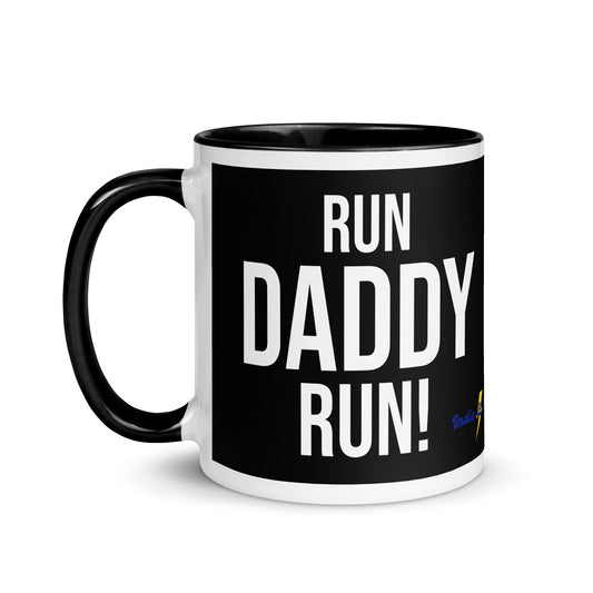black and white mug with the words run daddy run in a bold, white font across the front