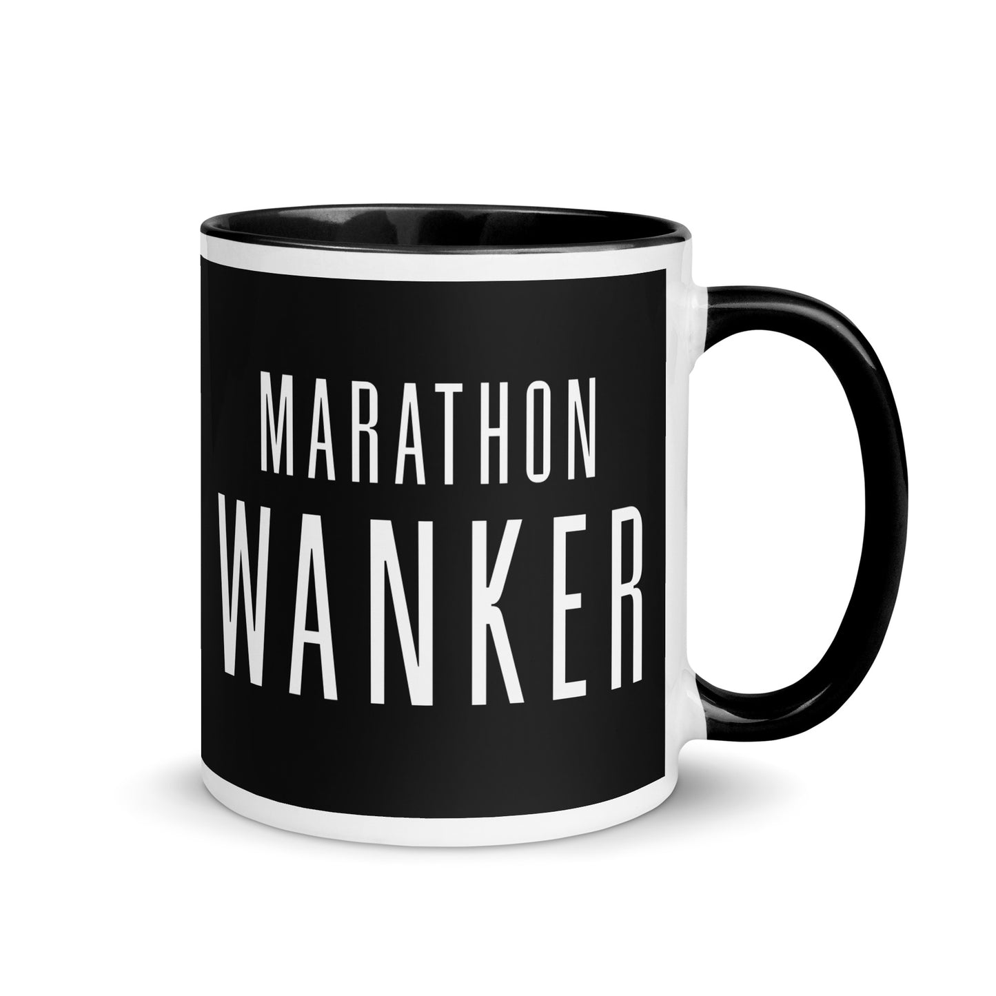white and black mug with the words marathon wanker in a bold, white font on a black background. the mug has a black handle and inside