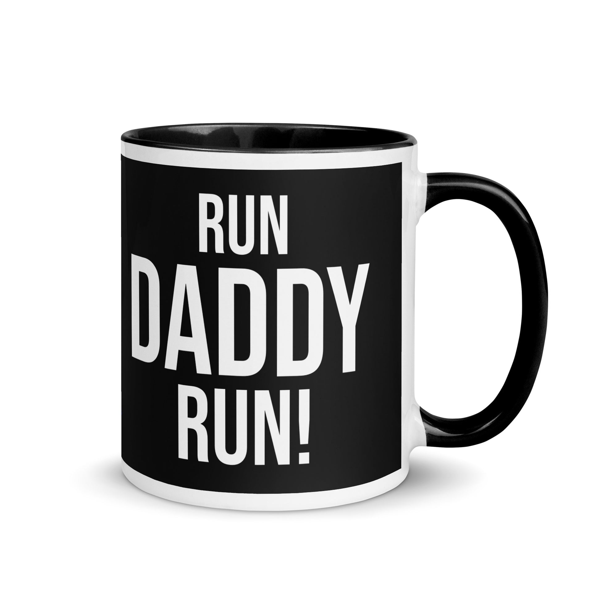 black and white mug with the words run daddy run in a bold, white font across the front