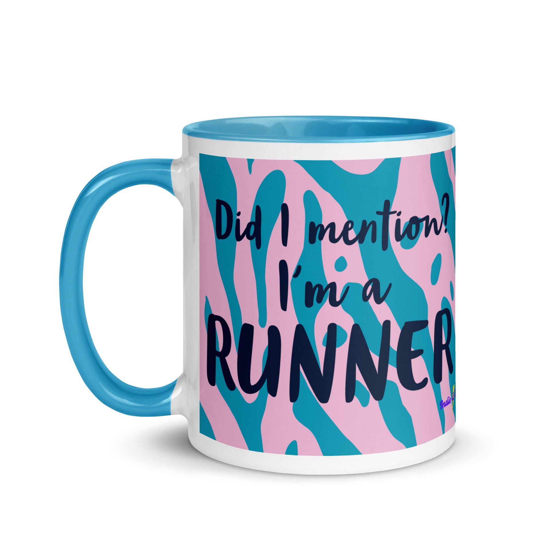 Mug with blue handle and a blue and pink leopard print design with the phrase did I mention? I'm a runner across the front. A nice gift for a running friend. 
