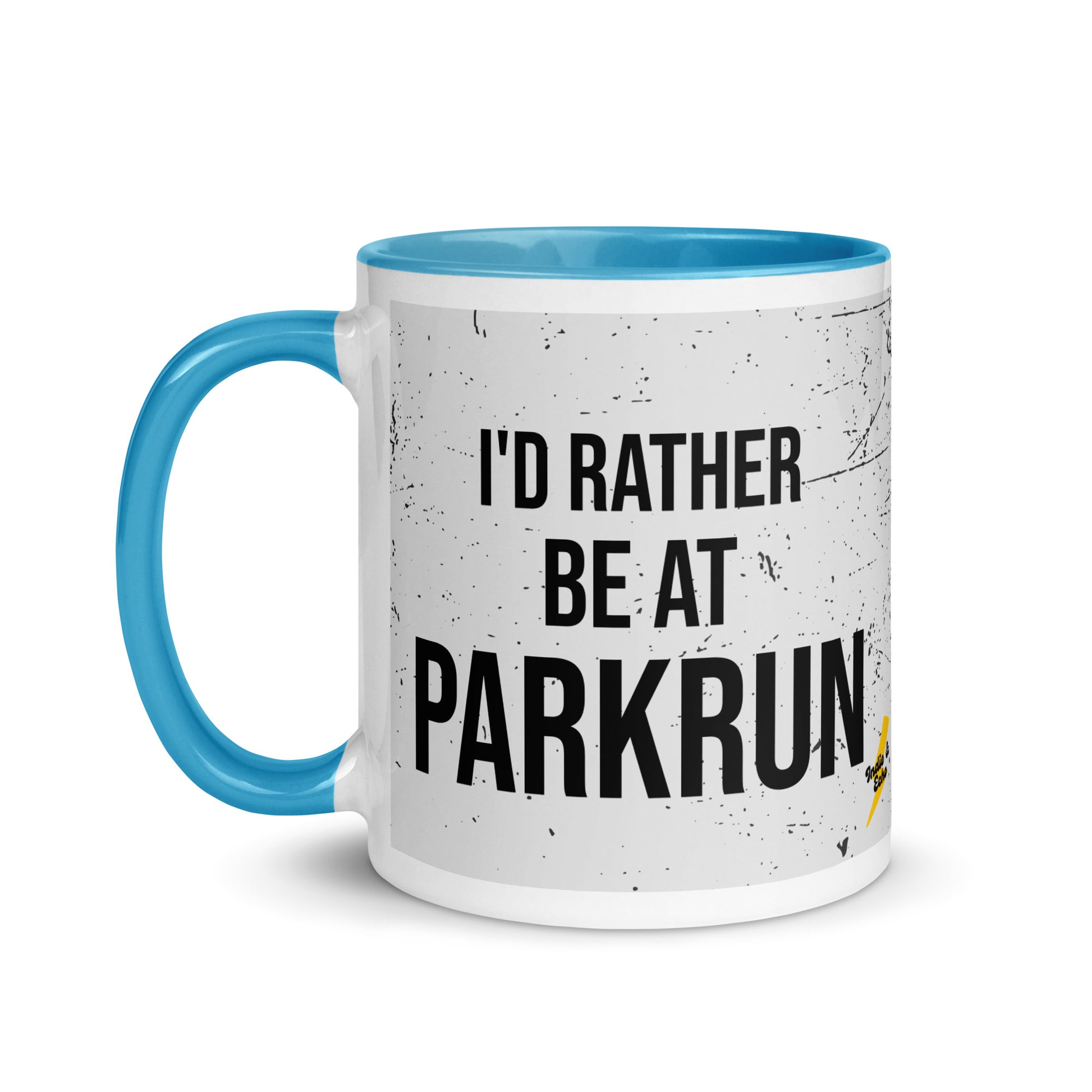 blue handled mug with a grey splatter design and the phrase I'd rather be at parkrun in a black font. the perfect gift for a runner
