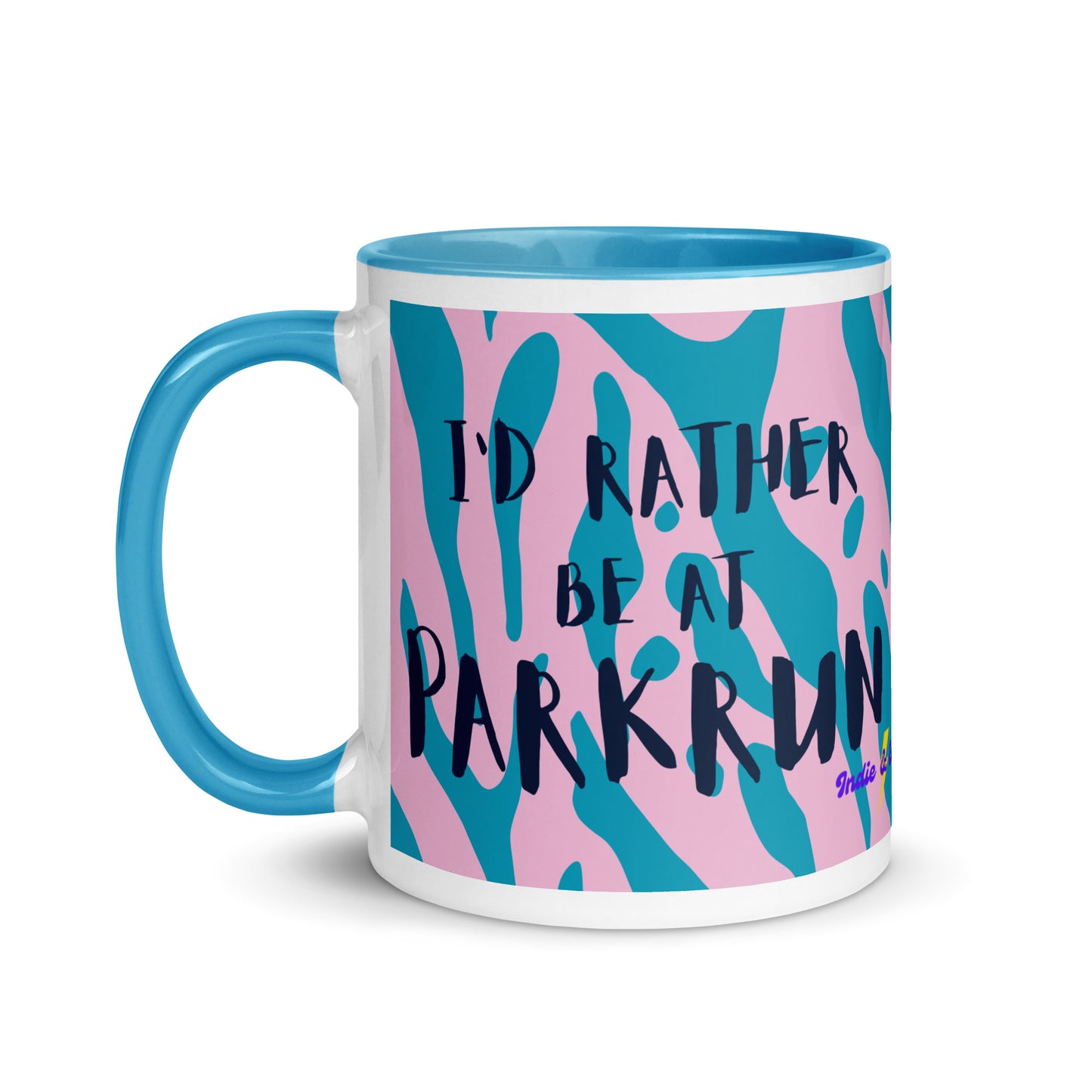 blue handled mug with a pink and blue animal print design and the phrase I'd rather be at parkrun in a black font. the perfect gift for a runner