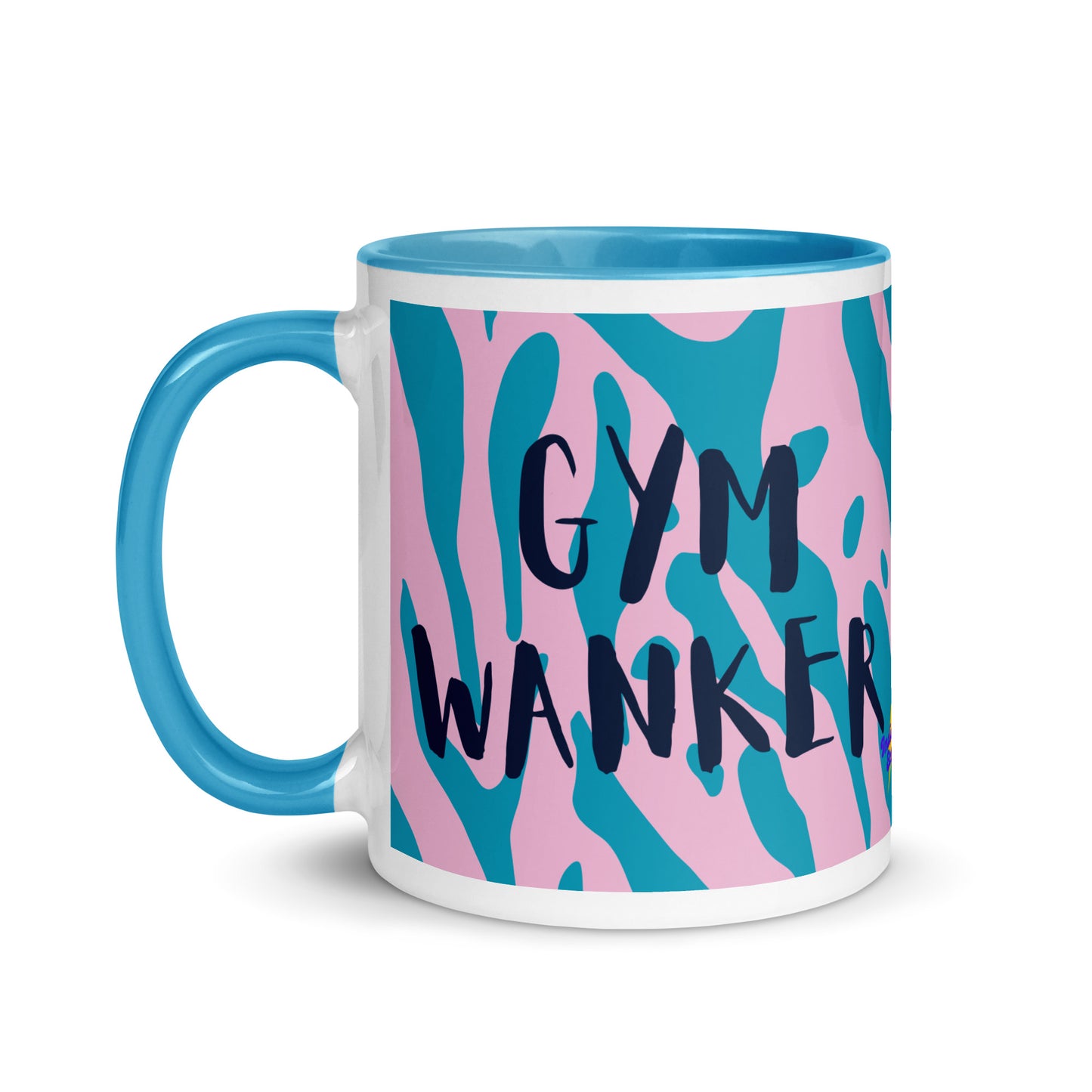 blue handled mug with gym wanker written across a blue and pink animal print background. a gift for people who love the gym