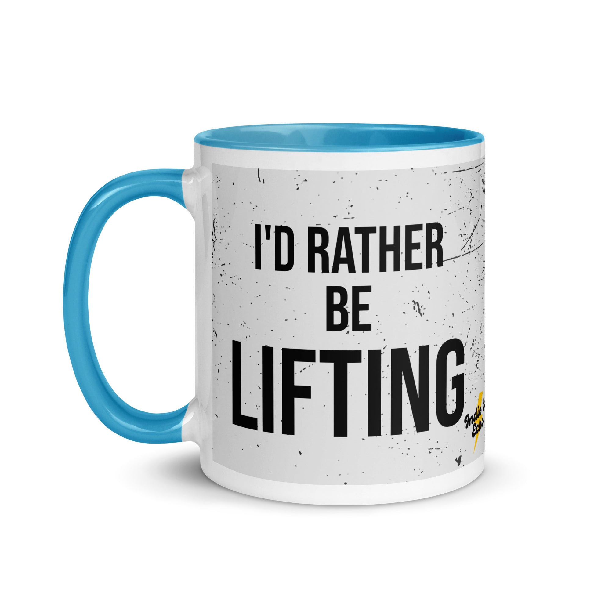 Blue handled mug with I'd rather be lifting written on it, across a grey splatter background. A gift for someone who loves the gym.