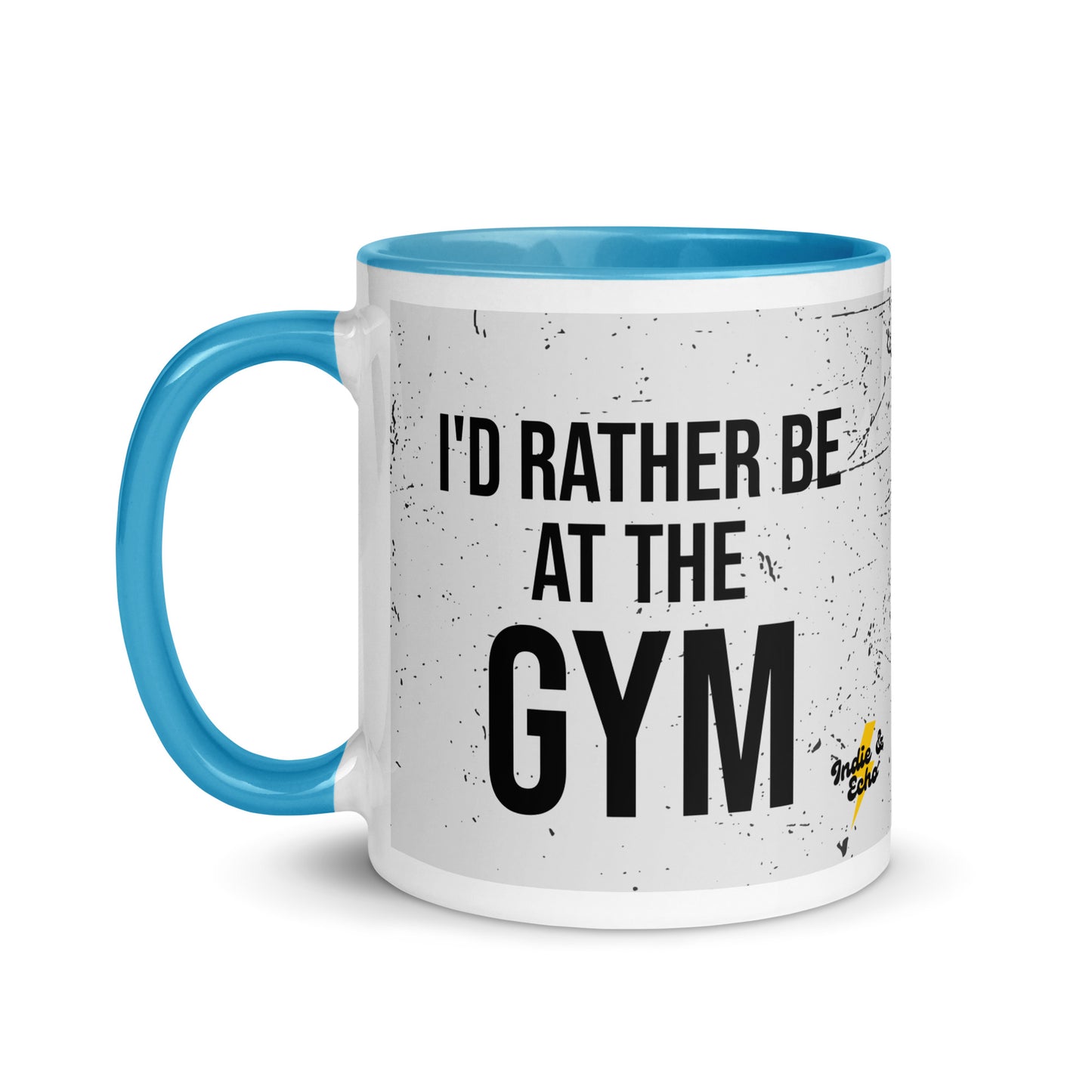 Blue handled mug with I'd rather be at the gym written on it, across a grey splatter background. A gift for someone who loves the gym.