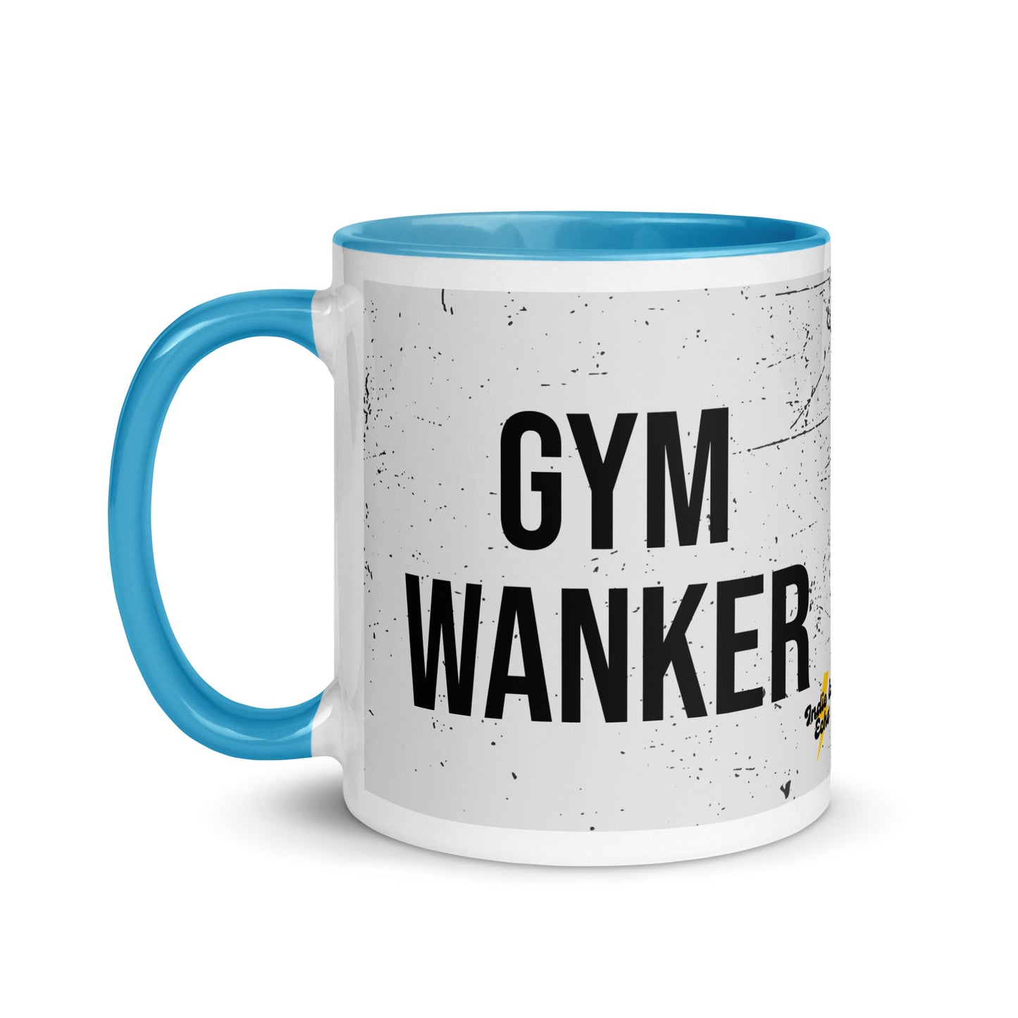 Blue handled mug with gym wanker written on it, across a grey splatter background. A gift for someone who loves the gym.