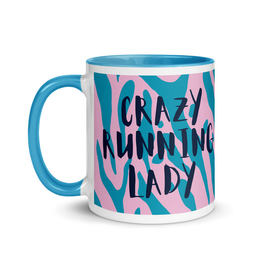 blue handled mug with blue and pink animal print design, and the phrase crazy running lady across the front. the perfect gift for mothers day for a woman or mum who loves running. 