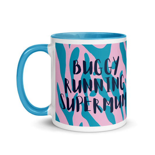 blue handled mug with blue and pink animal print design, and the phrase buggy running supermum across the front. the perfect gift for mothers day for a woman or mum who loves running with their child in a buggy. 