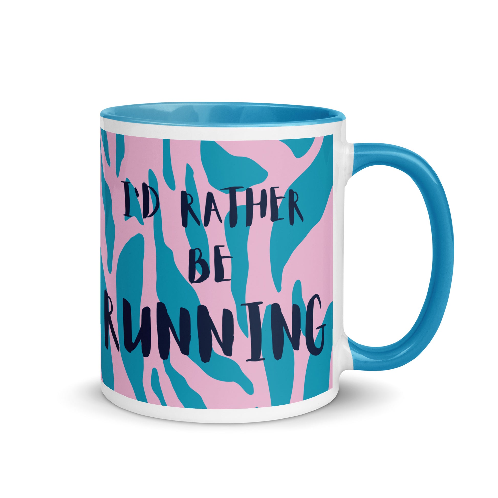 blue handled mug with a pink and blue animal print design and the phrase I'd rather be running in a black font. the perfect gift for a runner