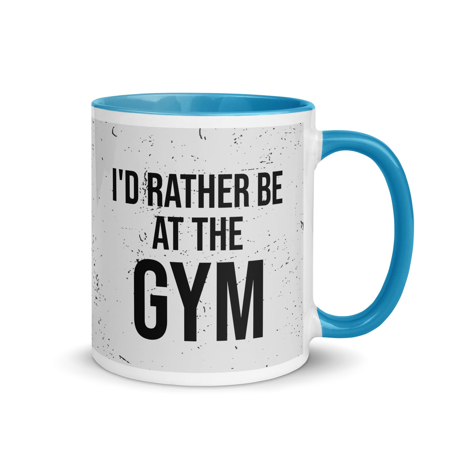 Blue handled mug with I'd rather be at the gym written on it, across a grey splatter background. A gift for someone who loves the gym.