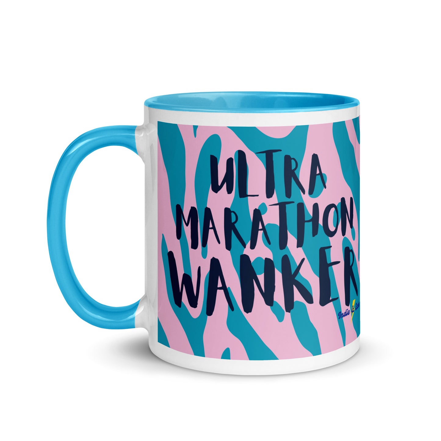 coffee mug with a blue handle and rim, with the words ultra marathon wanker written across a pink and blue animal print background. this is a running gift for ultra marathoners.