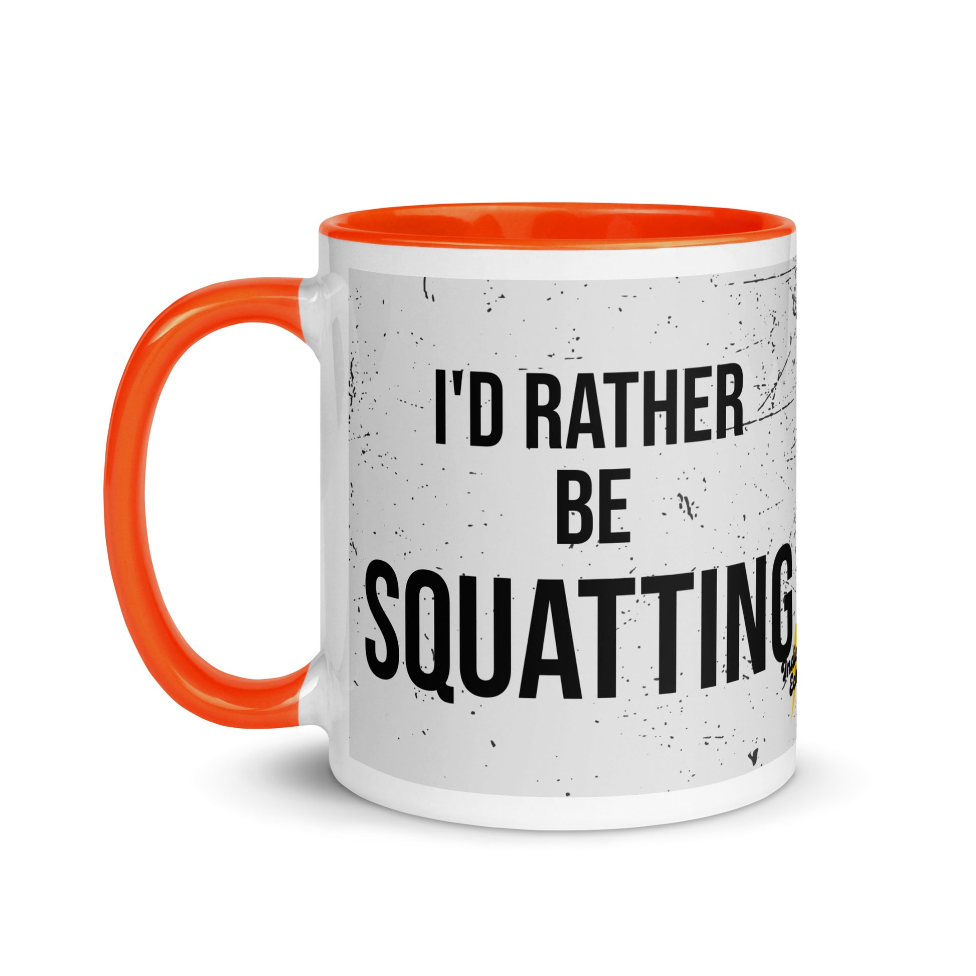 Orange handled mug with I'd rather be squatting written on it, across a grey splatter background. A gift for someone who loves the gym.