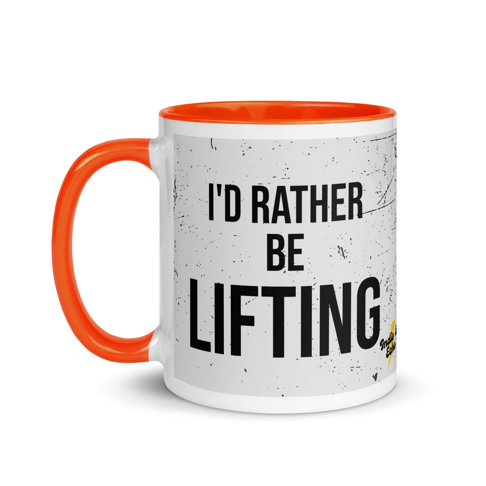 Orange handled mug with I'd rather be lifting written on it, across a grey splatter background. A gift for someone who loves the gym.