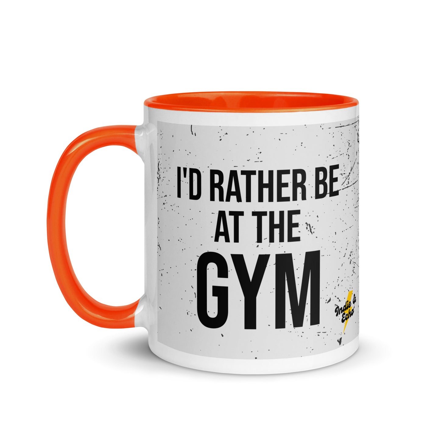 Orange handled mug with I'd rather be at the gym written on it, across a grey splatter background. A gift for someone who loves the gym.