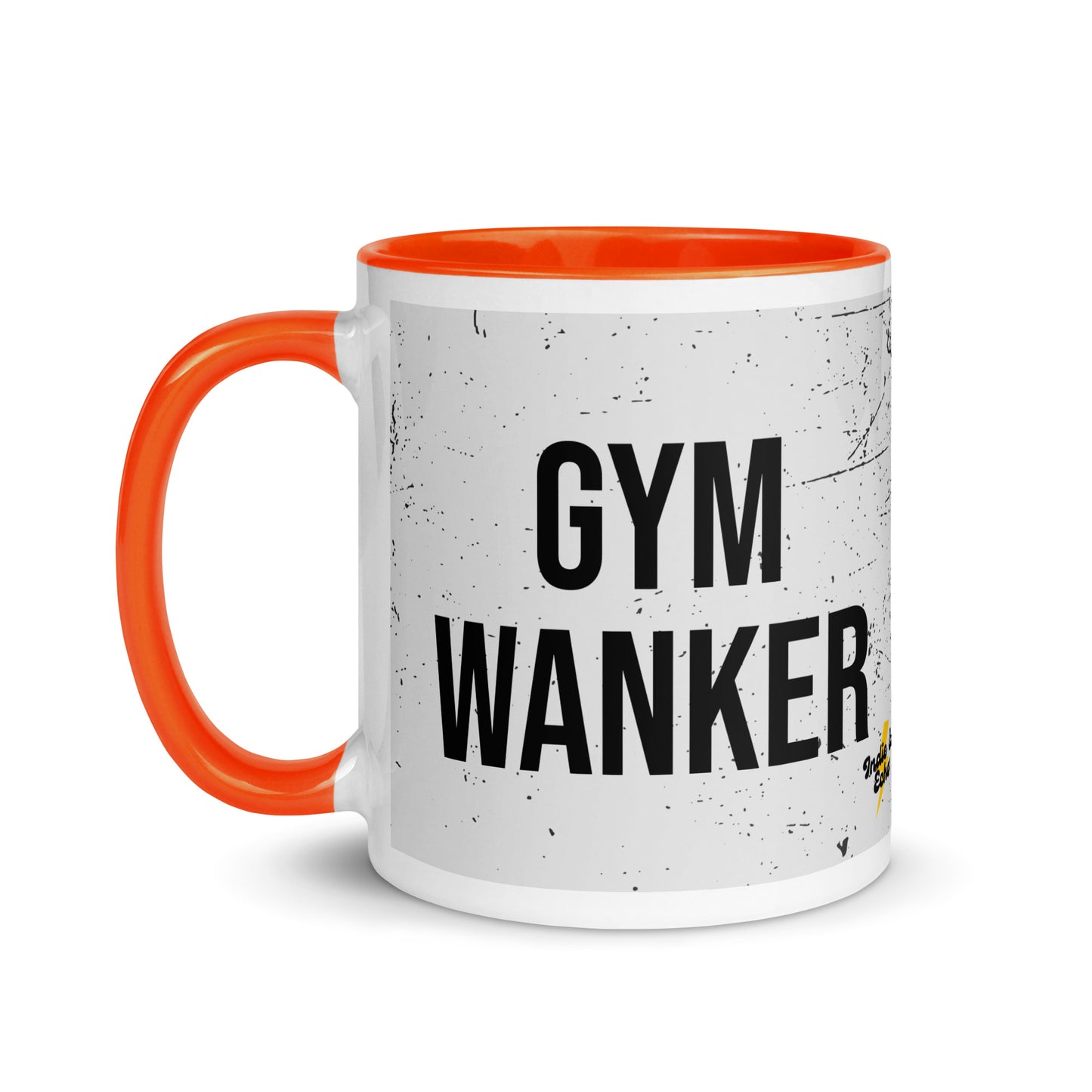 Orange handled mug with gym wanker written on it, across a grey splatter background. A gift for someone who loves the gym.