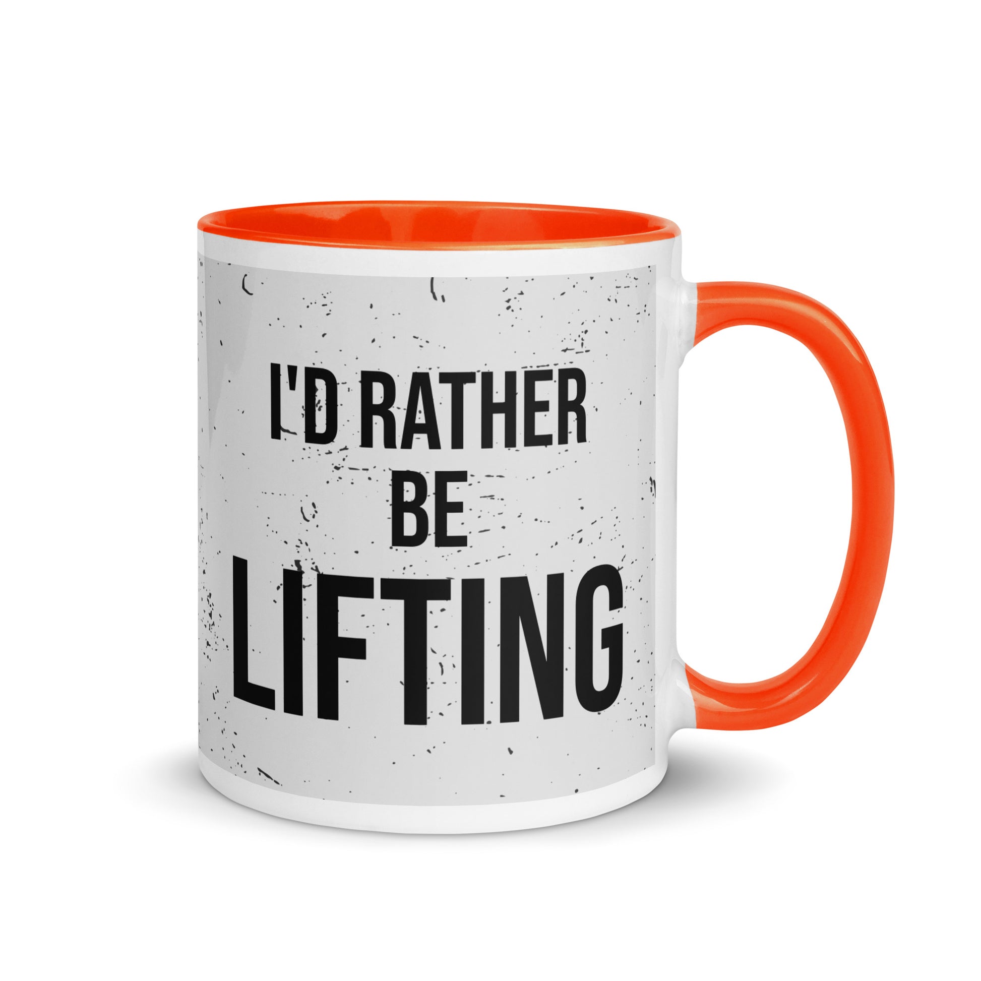 Orange handled mug with I'd rather be lifting written on it, across a grey splatter background. A gift for someone who loves the gym.