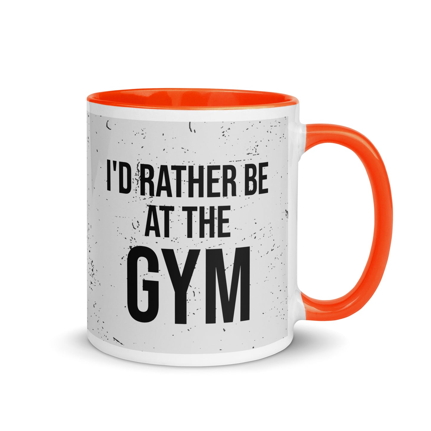 Orange handled mug with I'd rather be at the gym written on it, across a grey splatter background. A gift for someone who loves the gym.