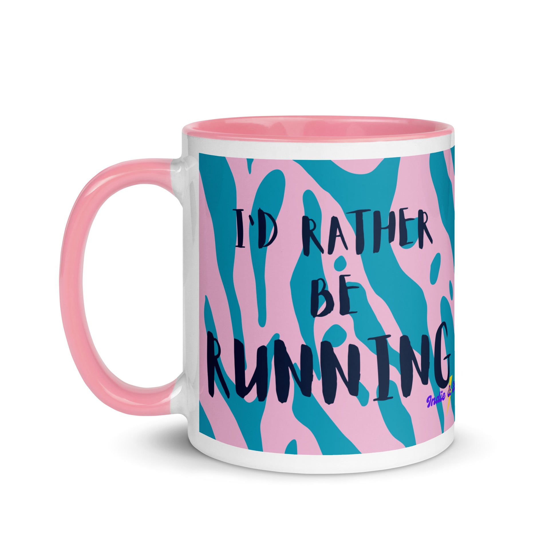 pink handled mug with a pink and blue animal print design and the phrase I'd rather be running in a black font. the perfect gift for a runner