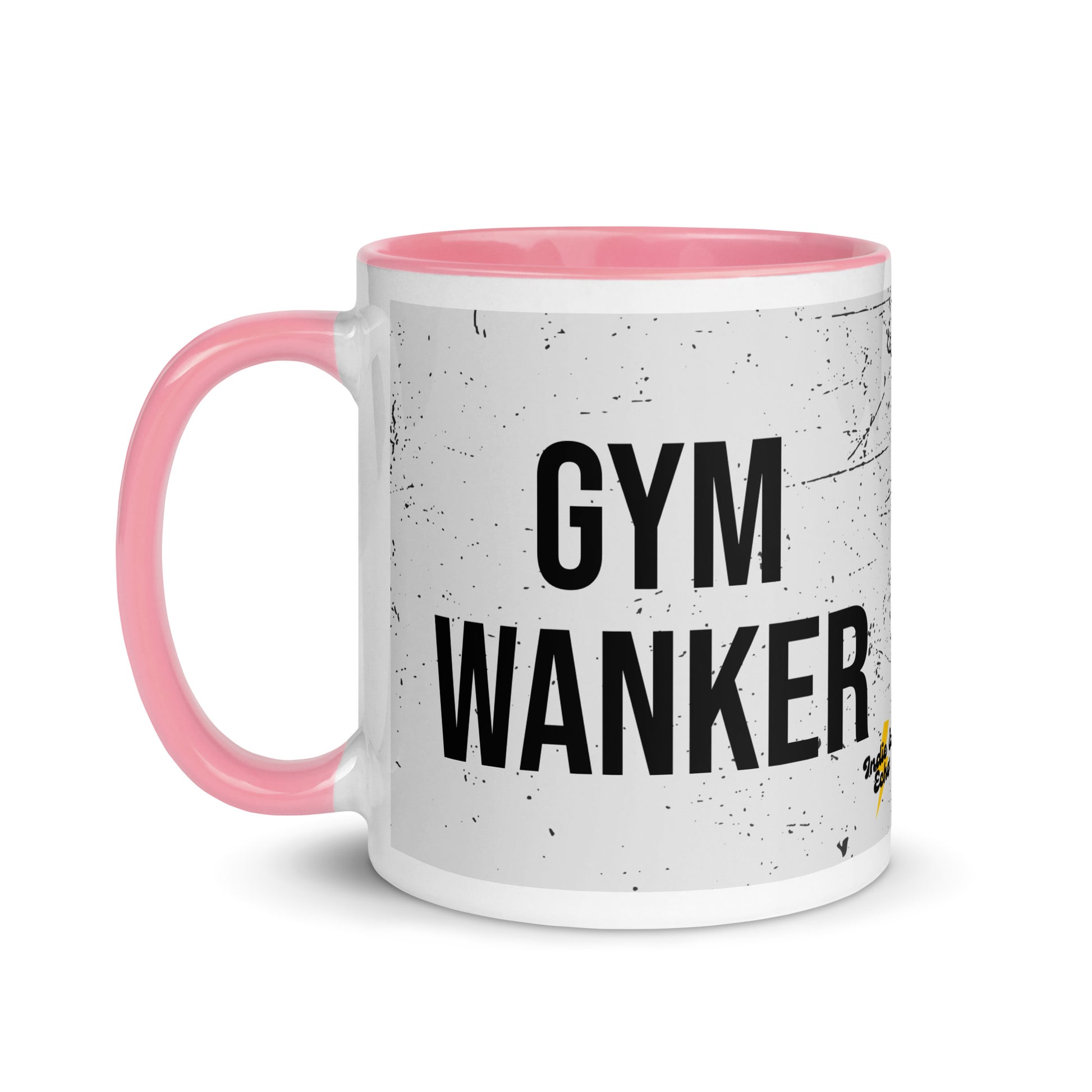 Pink handled mug with gym wanker written on it, across a grey splatter background. A gift for someone who loves the gym.