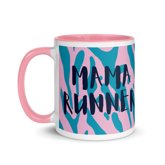 pink handled mug with blue and pink animal print design, and the phrase mama runner across the front. the perfect gift for mothers day for a mum who loves running. 