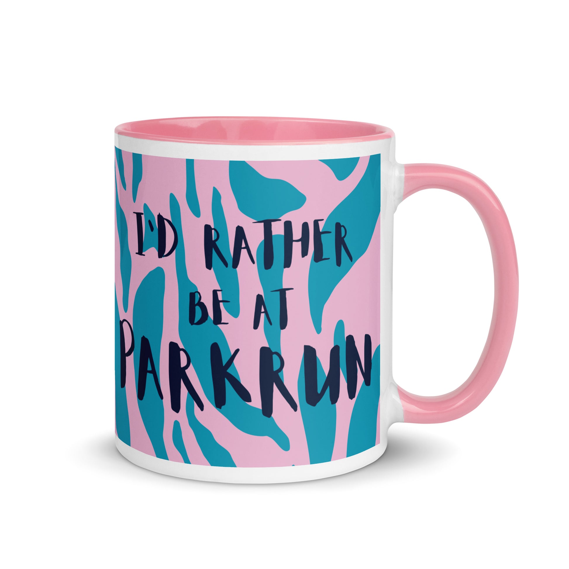 pink handled mug with a pink and blue animal print design and the phrase I'd rather be at parkrun in a black font. the perfect gift for a runner
