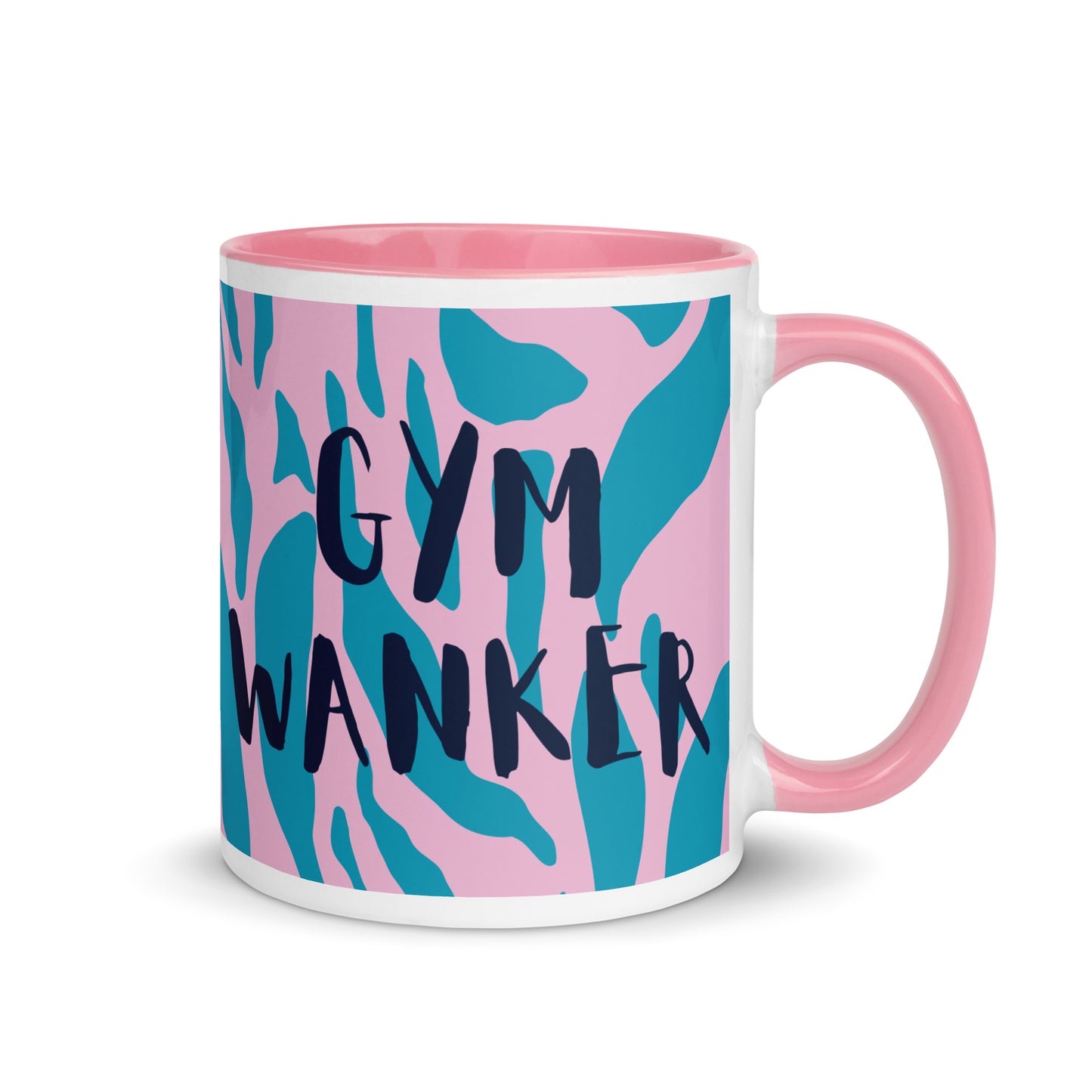 pink handled mug with gym wanker written across a blue and pink animal print background. a gift for people who love the gym
