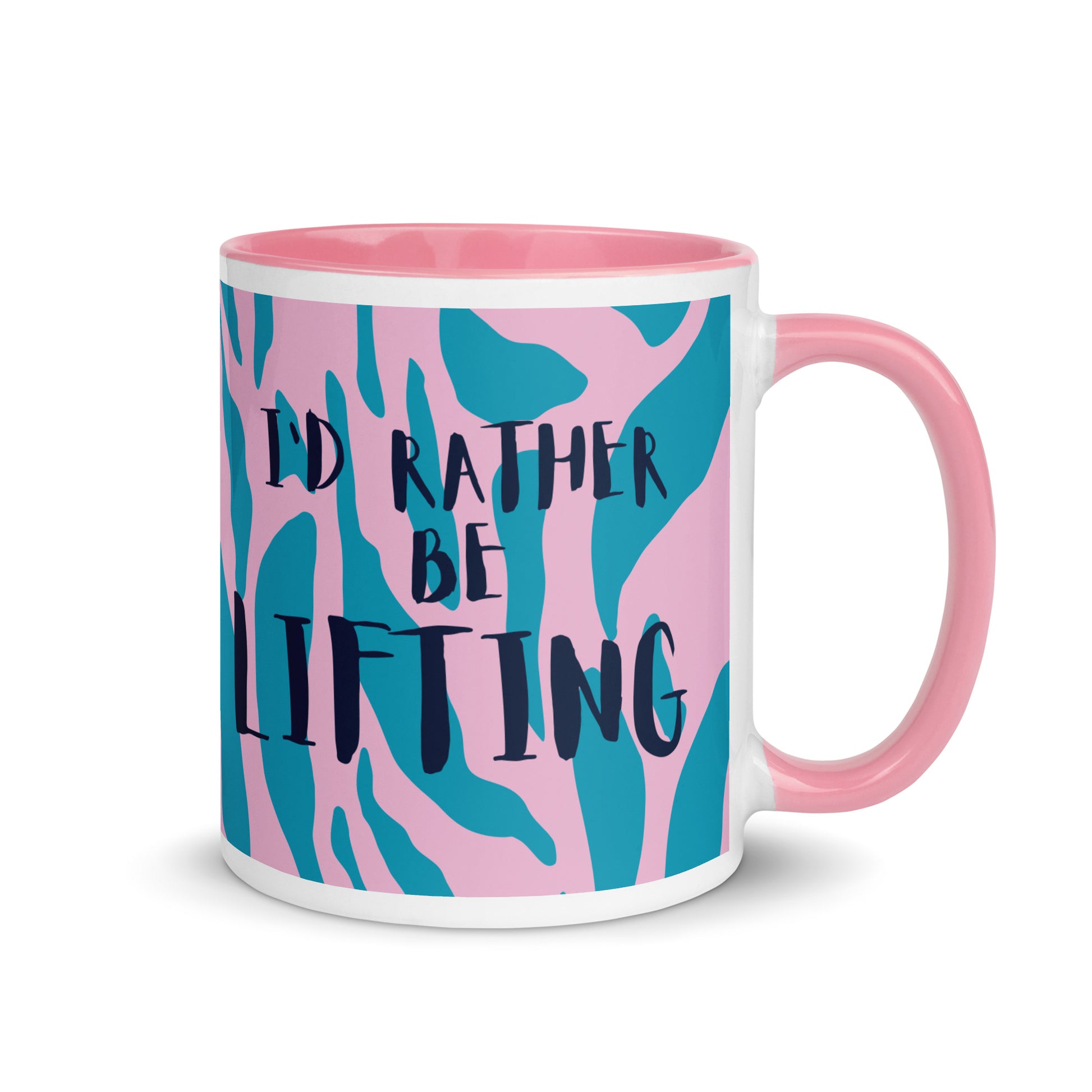 Pink handled mug with I'd rather be lifting written across a blue and pink animal print background. A gift for people who love the gym
