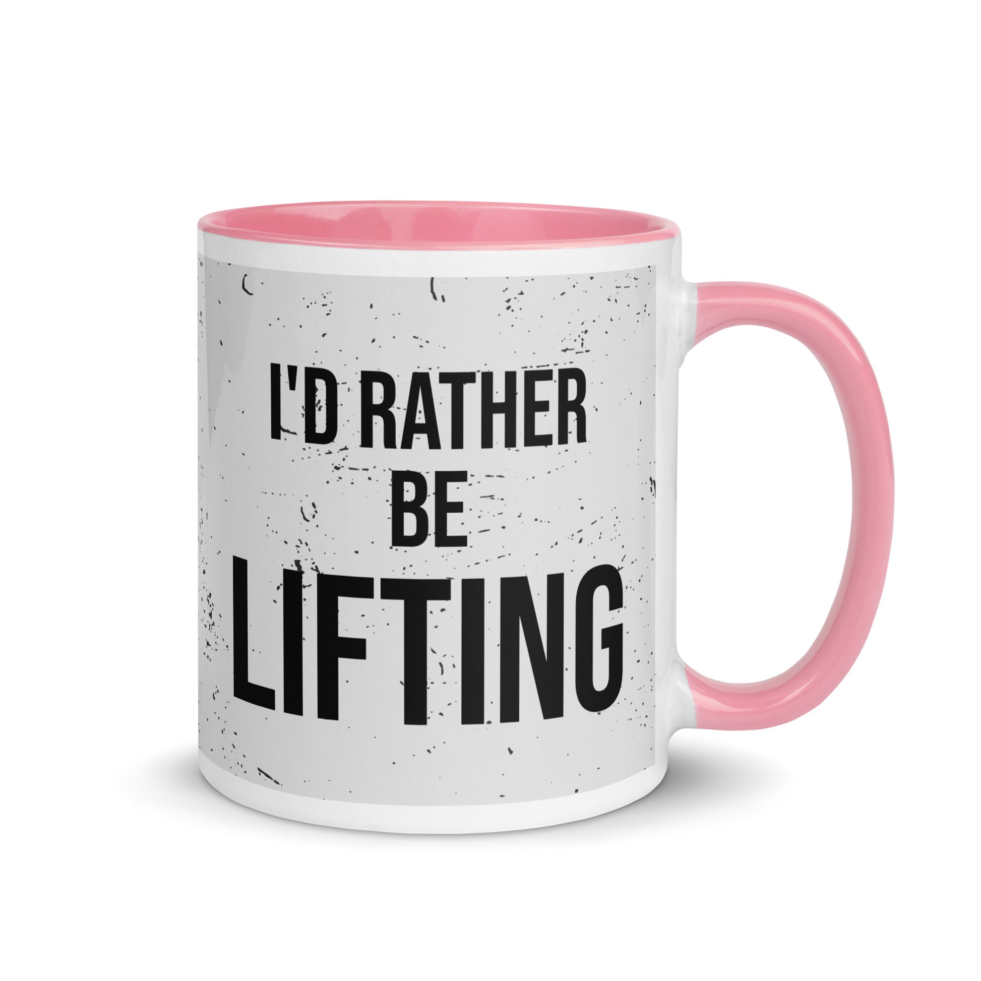 Pink handled mug with I'd rather be lifting written on it, across a grey splatter background. A gift for someone who loves the gym.