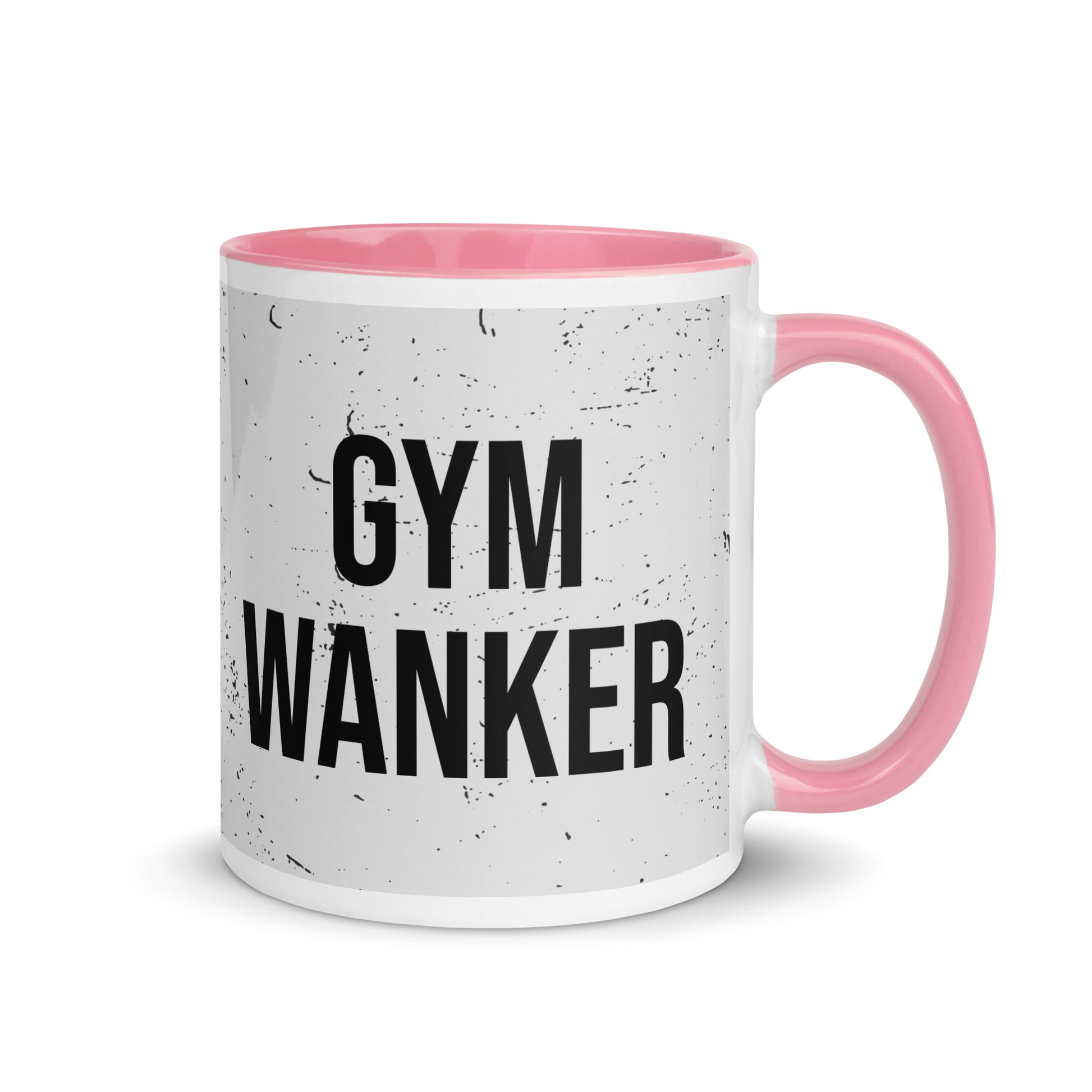 Pink handled mug with gym wanker written on it, across a grey splatter background. A gift for someone who loves the gym.