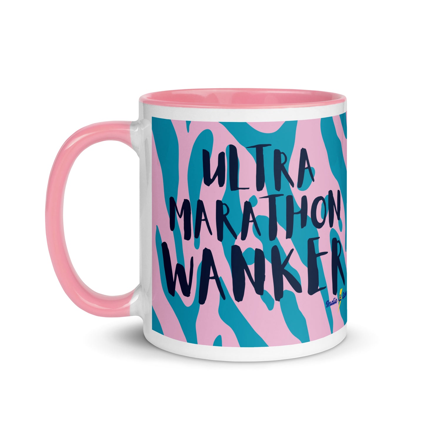 coffee mug with a pink handle and rim, with the words ultra marathon wanker written across a pink and blue animal print background. this is a running gift for ultra marathoners.