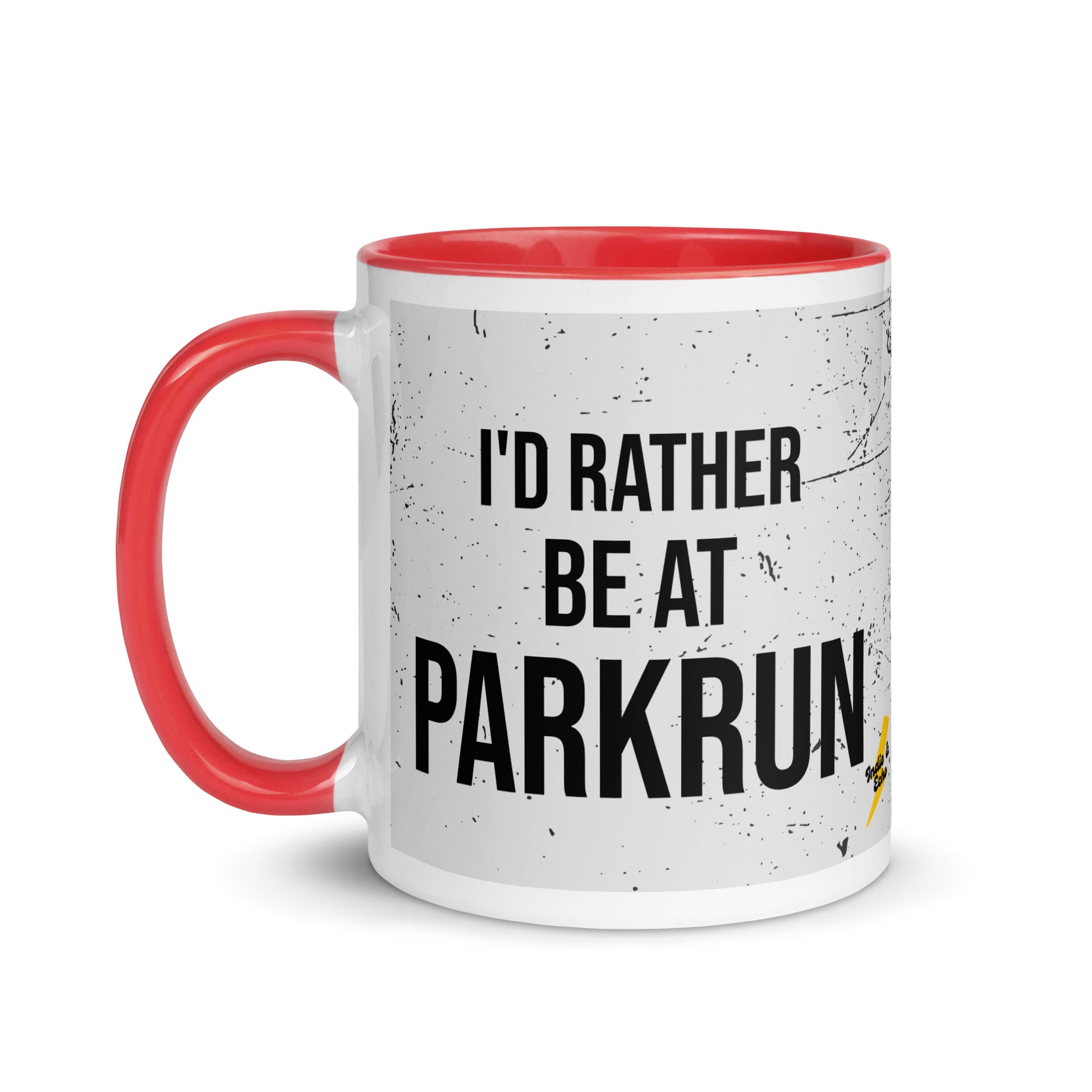 red handled mug with a grey splatter design and the phrase I'd rather be at parkrun in a black font. the perfect gift for a runner