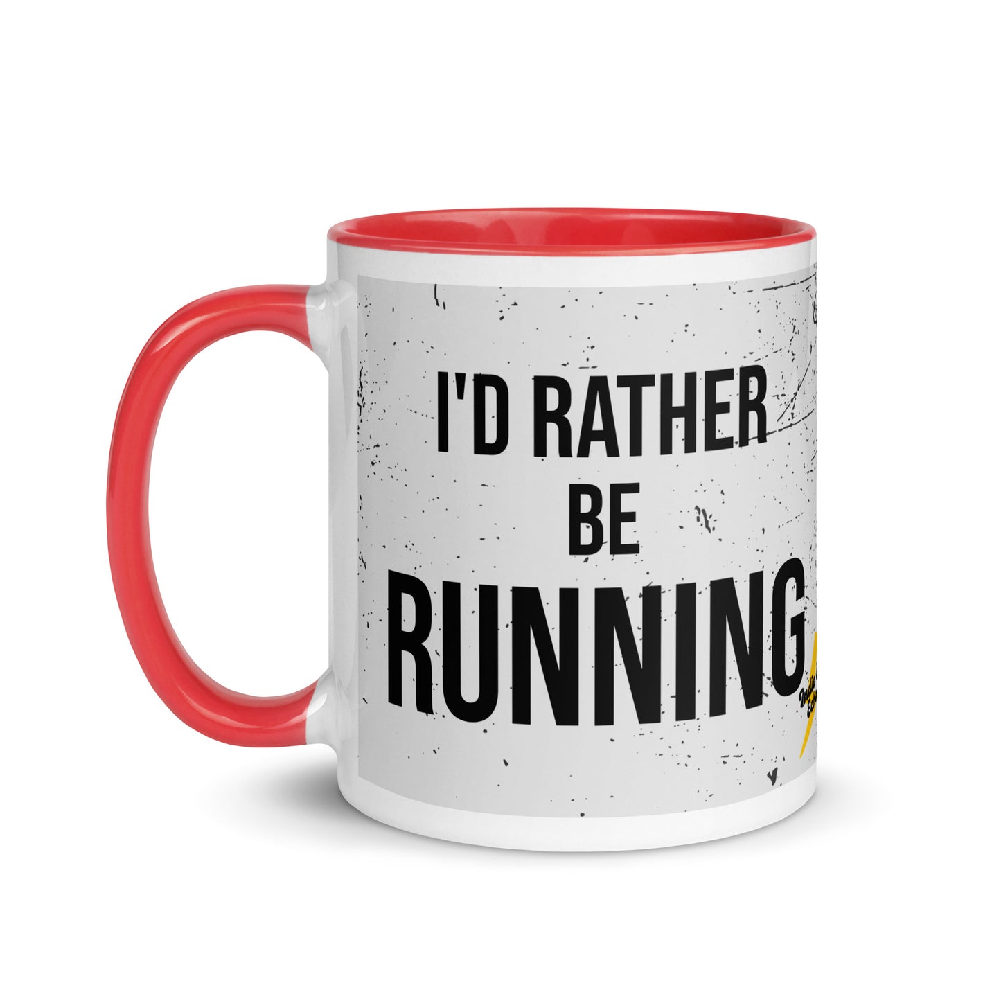 red handled mug with a grey splatter design and the phrase I'd rather be running in a black font. the perfect gift for a runner