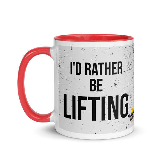 Red handled mug with I'd rather be lifting written on it, across a grey splatter background. A gift for someone who loves the gym.