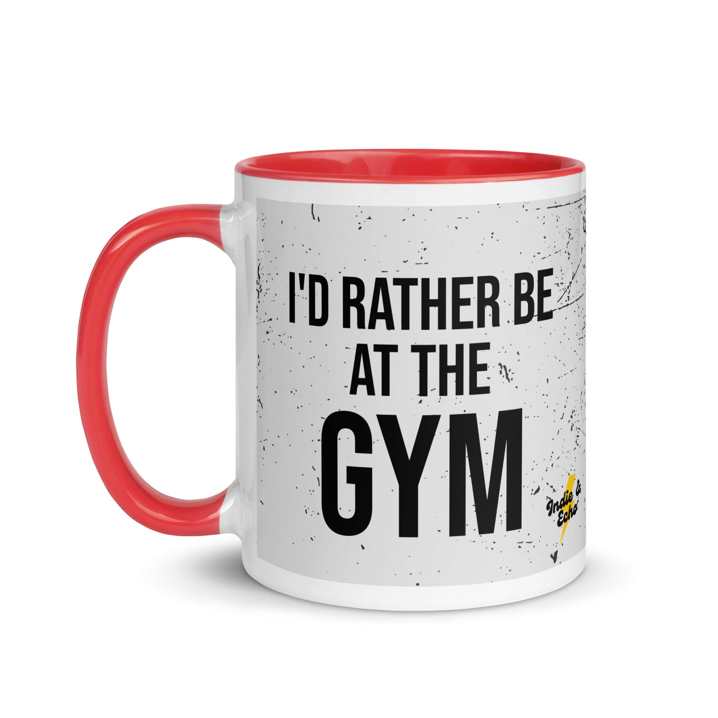 Red handled mug with I'd rather be at the gym written on it, across a grey splatter background. A gift for someone who loves the gym.