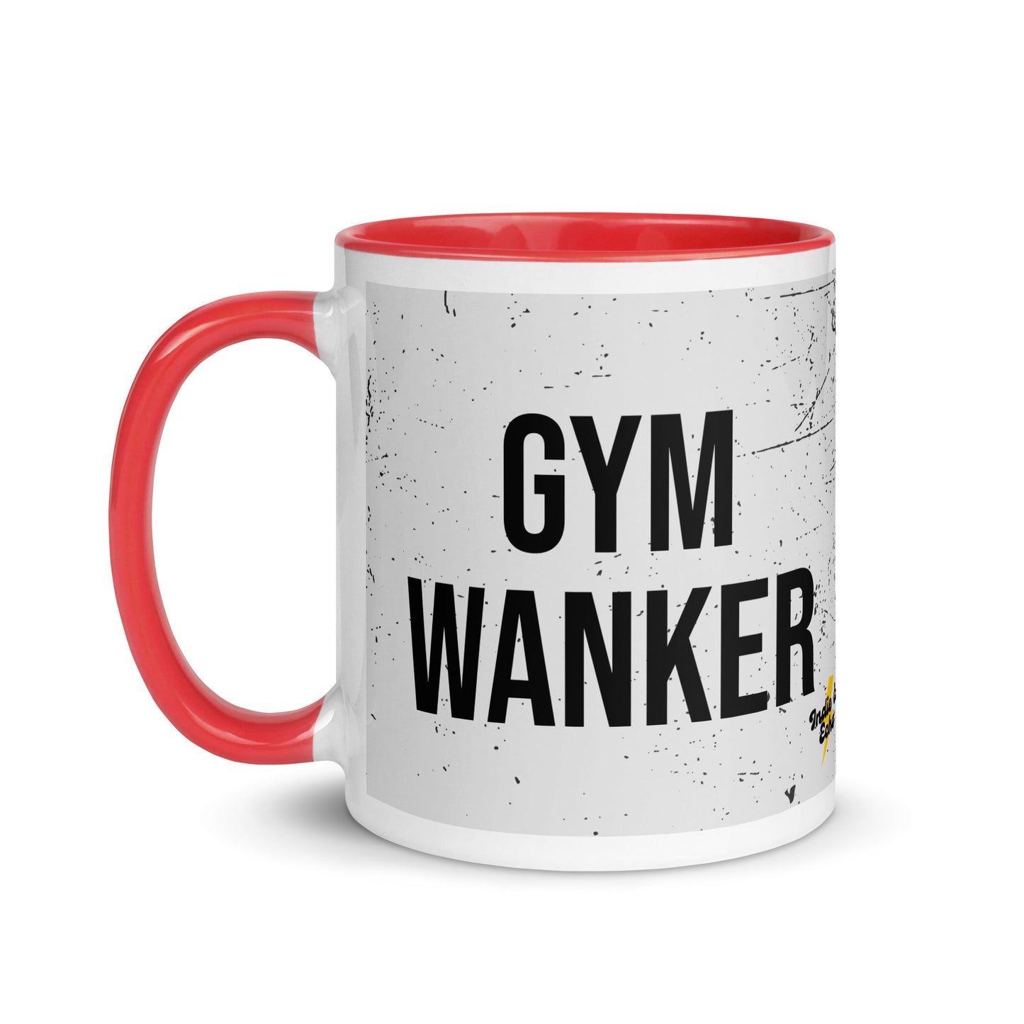 Red handled mug with gym wanker written on it, across a grey splatter background. A gift for someone who loves the gym.